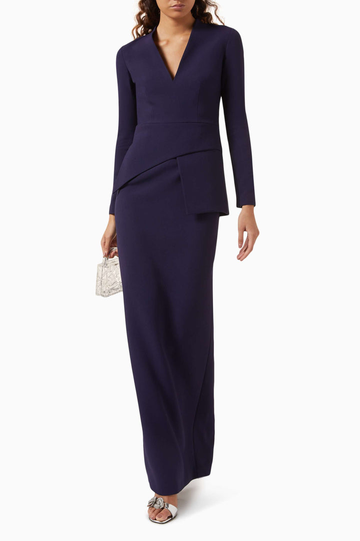 Long-sleeve gown with structured peplum waist – NOIRÉ