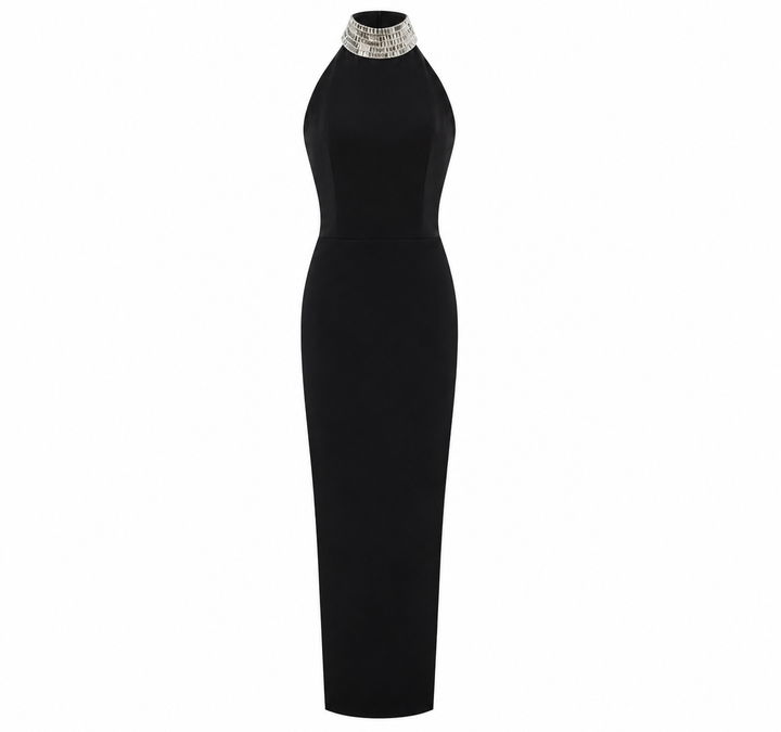 Embellished Halter Column Gown – Obsidian