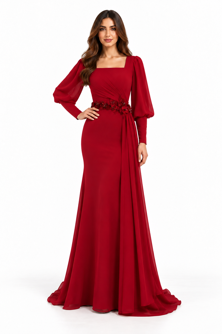 Ruby Red Embellished Puff Sleeve Maxi Dress - Rosalie