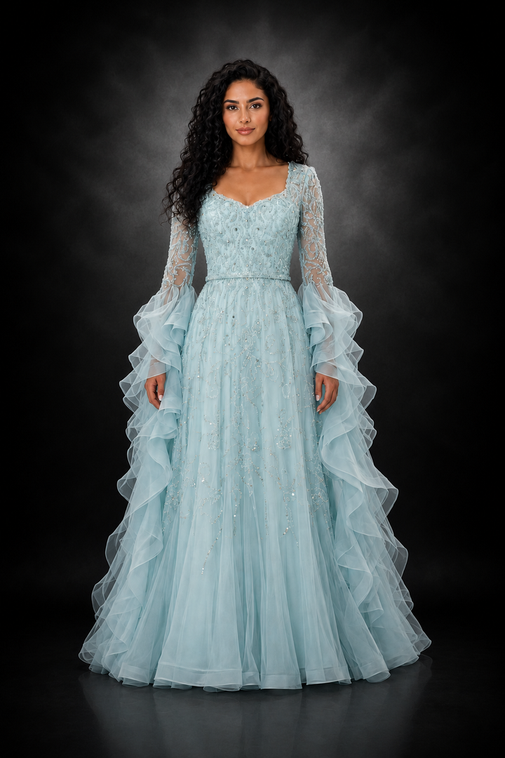 Ruffle Sleeve Crystal Gown – AQUARIA