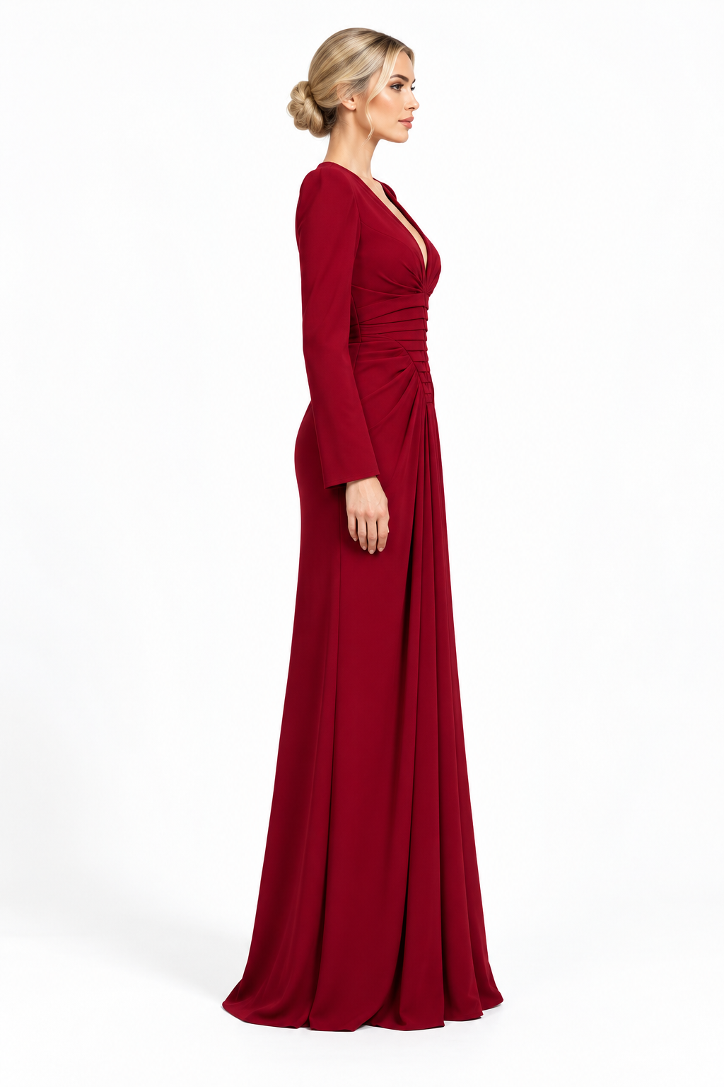 Ruched V-Neck Long Sleeve Evening Gown - Valenza
