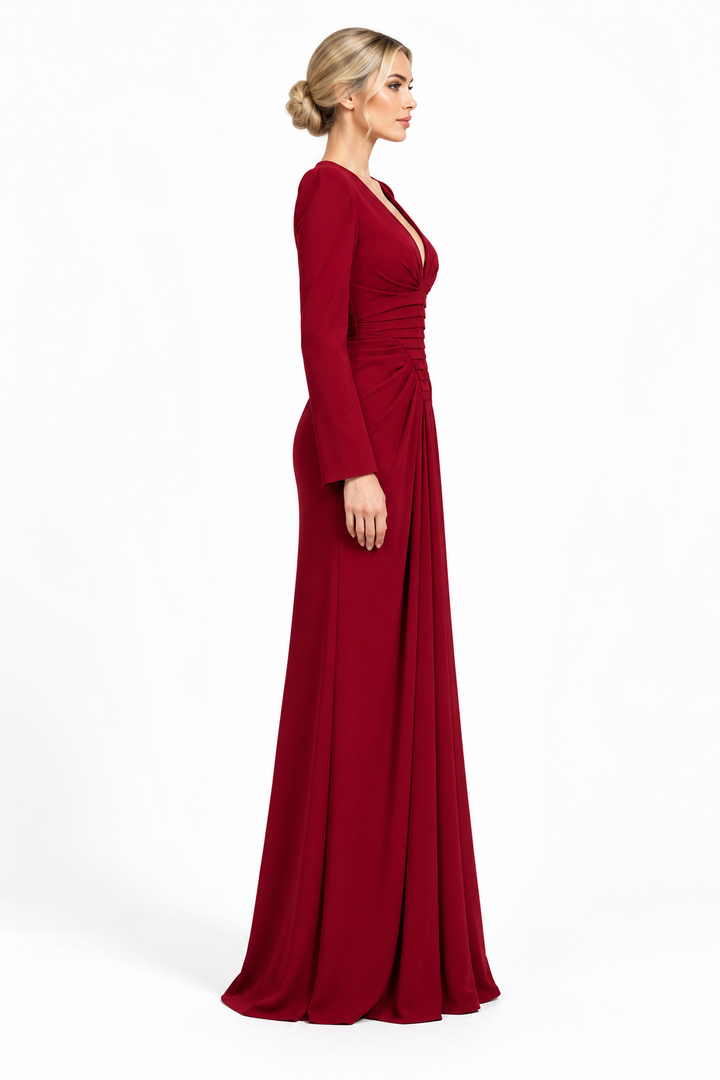 Ruched V-Neck Long Sleeve Evening Gown - Valenza