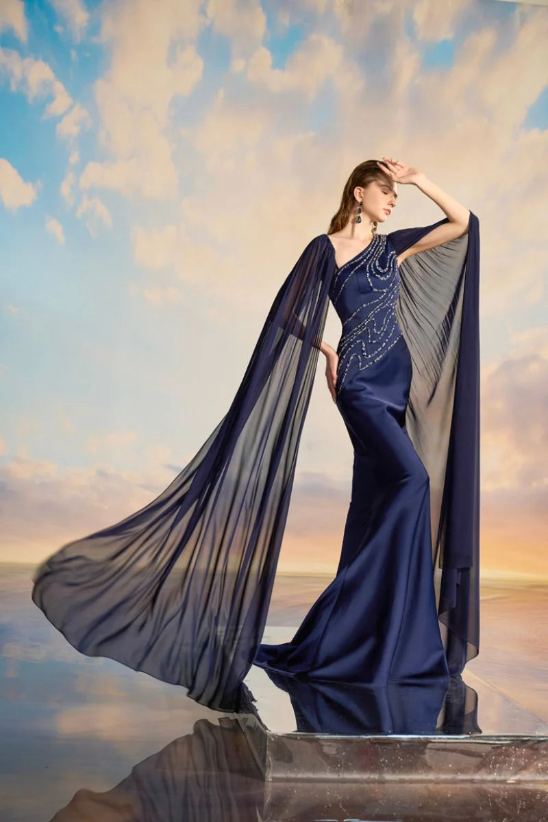 one-shoulder embellished gown with sheer cape – MIDNIGHTE