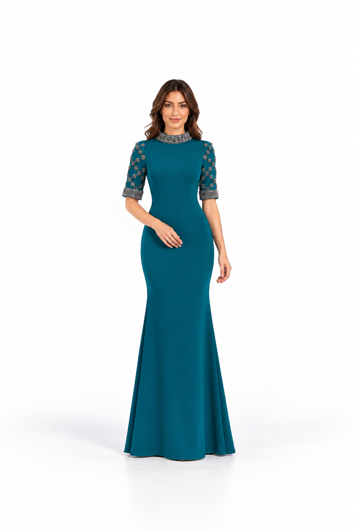 Teal Crystal Embellished Mermaid Maxi Dress - Sapphire