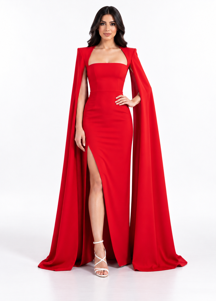 Red Strapless Cape Maxi Dress - Ruby