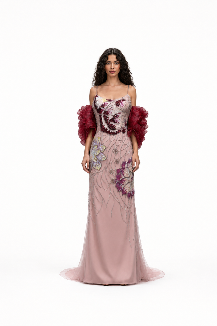 Blush Floral Embellished Ruffle Sleeve Gown – BLOSSOM