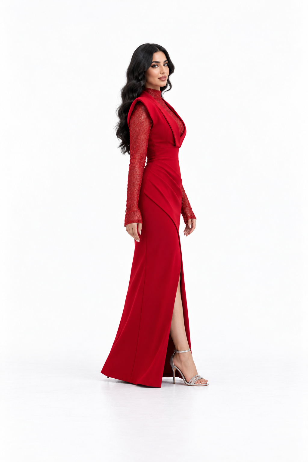 Lace High Neck Slit - Scarlet