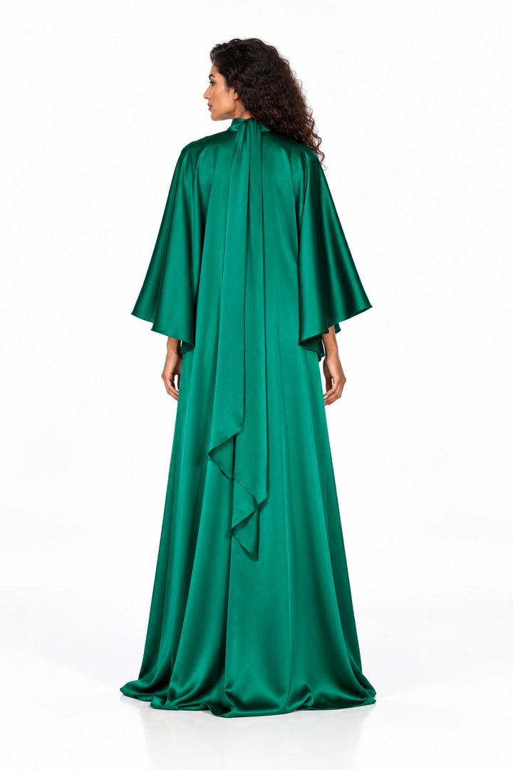 High-Neck Satin Cape Evening Gown - Elysia