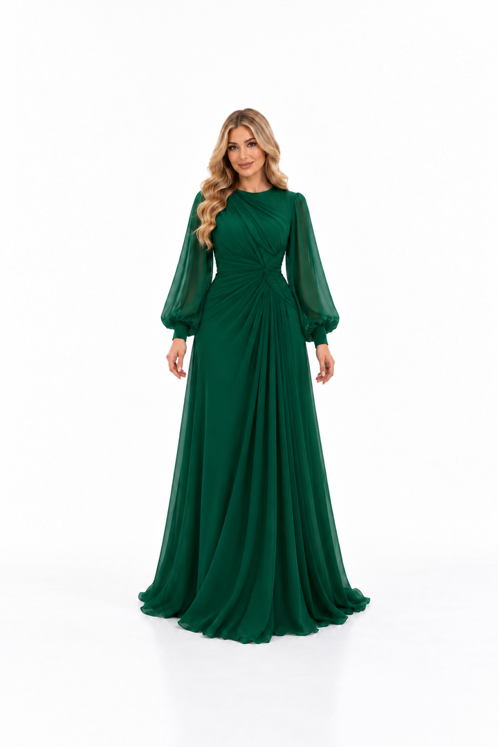 Draped Waist Chiffon Evening - Emeraldine