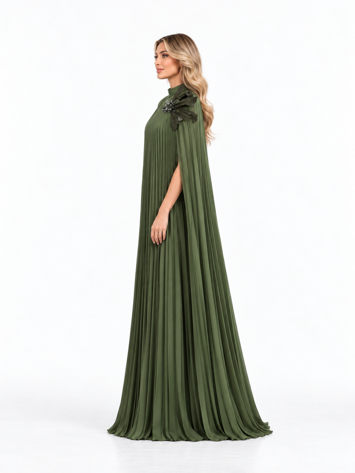 Olive Green Pleated Cape Maxi Dress - Aviana