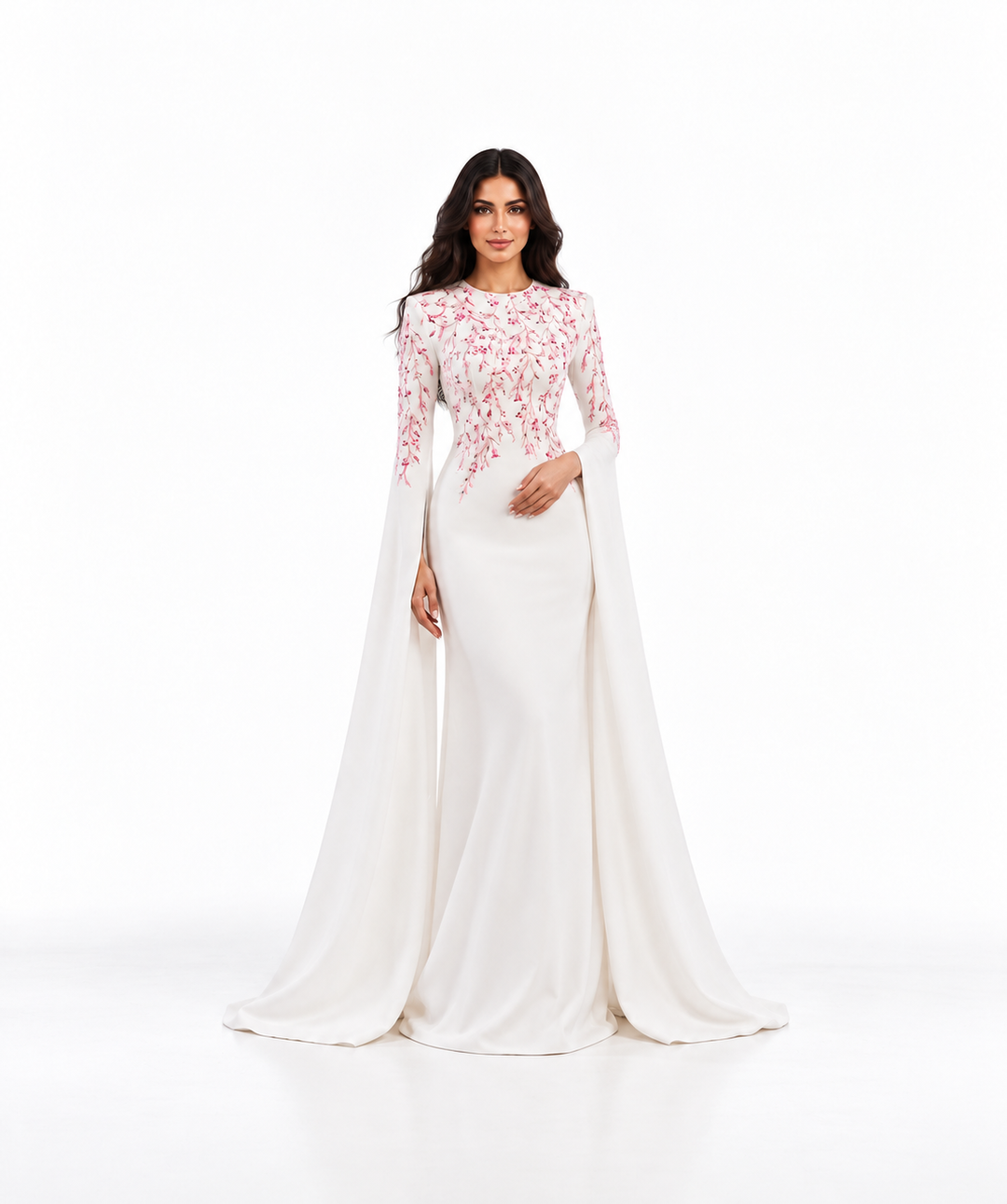 Ivory Pink Floral Embroidered Cape Maxi Dress - Rosella