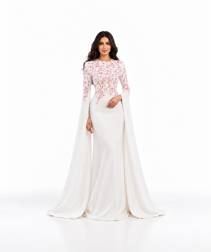Ivory Pink Floral Embroidered Cape Maxi Dress - Rosella