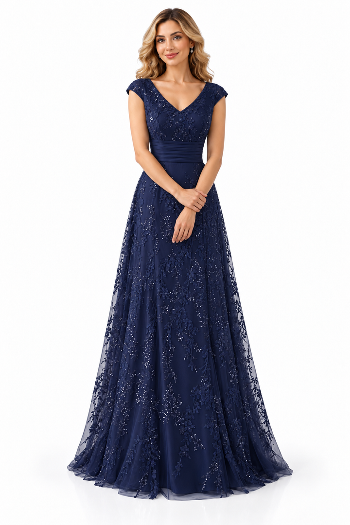 Embellished V-Neck Lace Evening Gown - Sapphire