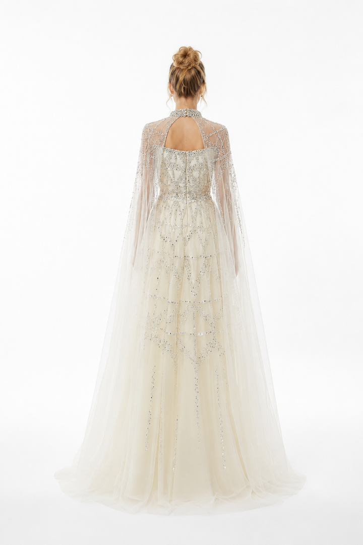 Embellished Cape Evening Gown – SCARLET
