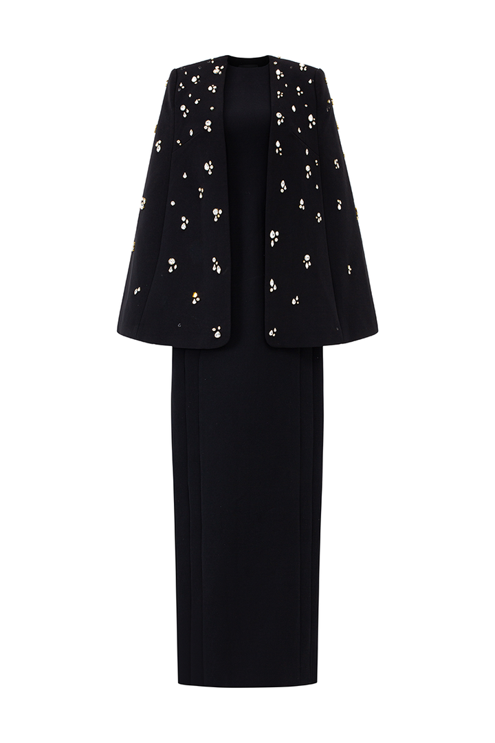 embellished cape jacket with matching column dress – NOIRE