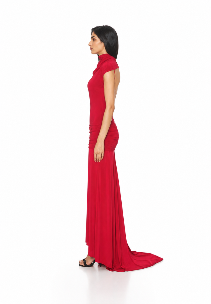 Ruched High Neck Maxi Dress – RUBELLA