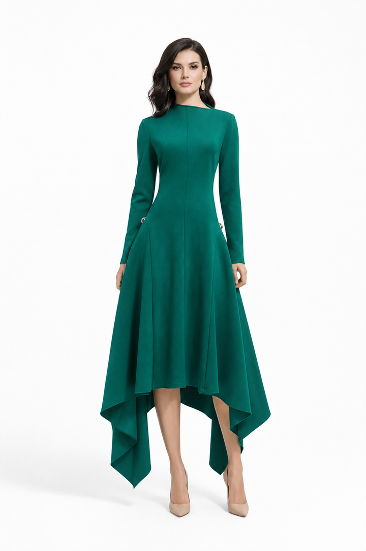 long-sleeve asymmetrical gown with draped back panel – EMERALDA
