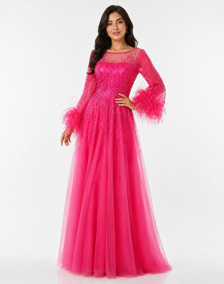 Feather Cuff Sequin Tulle Gown – FUCHSIA