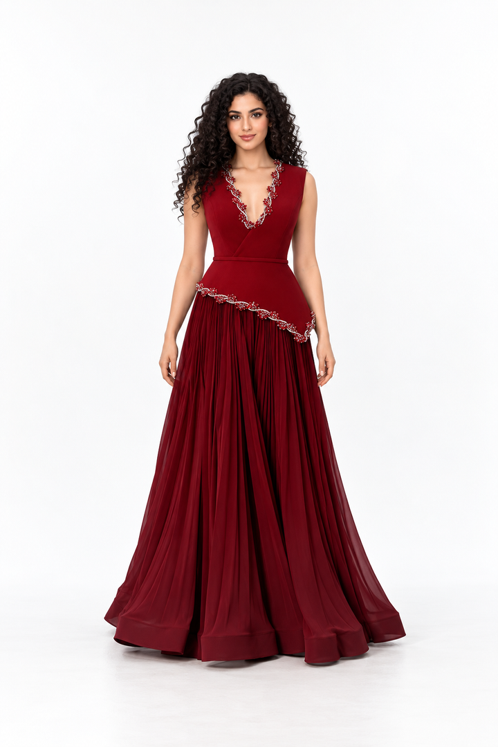 Beaded Peplum Pleated Evening - Carmine