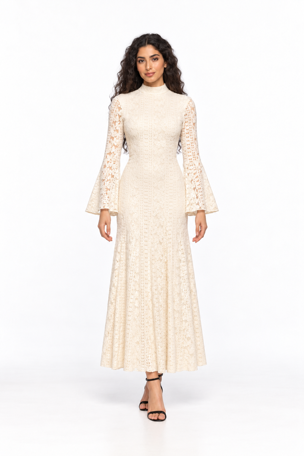 High-Neck Lace Bell Sleeve Midi Dress - Ivorelle