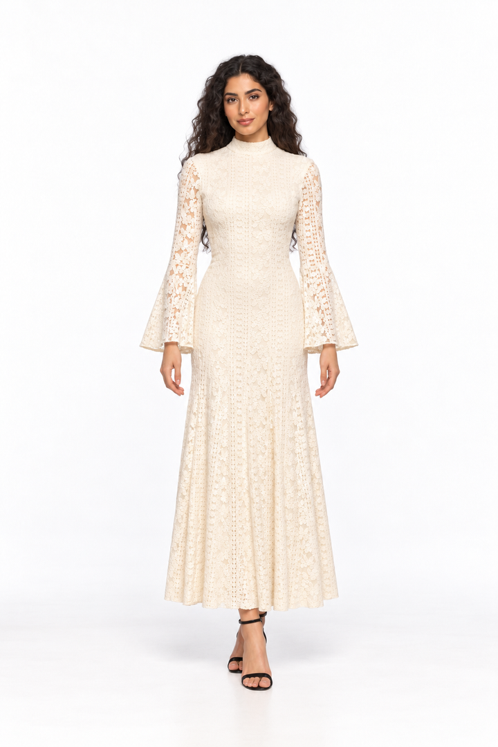 High-Neck Lace Bell Sleeve Midi Dress - Ivorelle