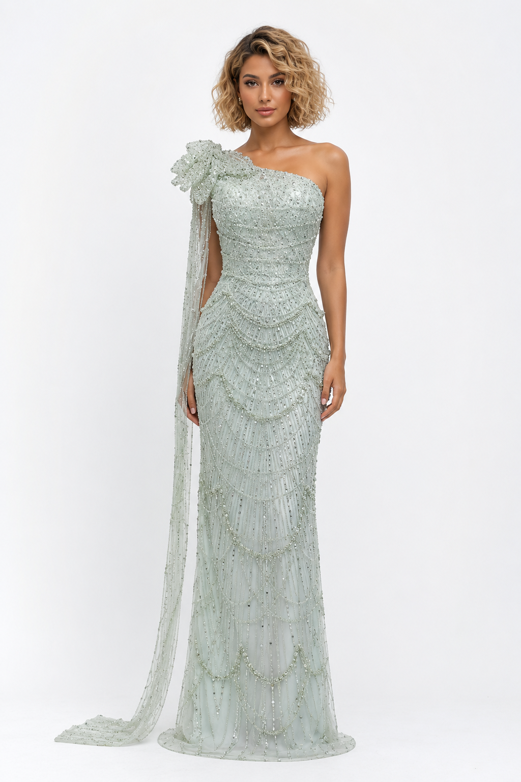 One-Shoulder Crystal Draped Gown – MINTARA