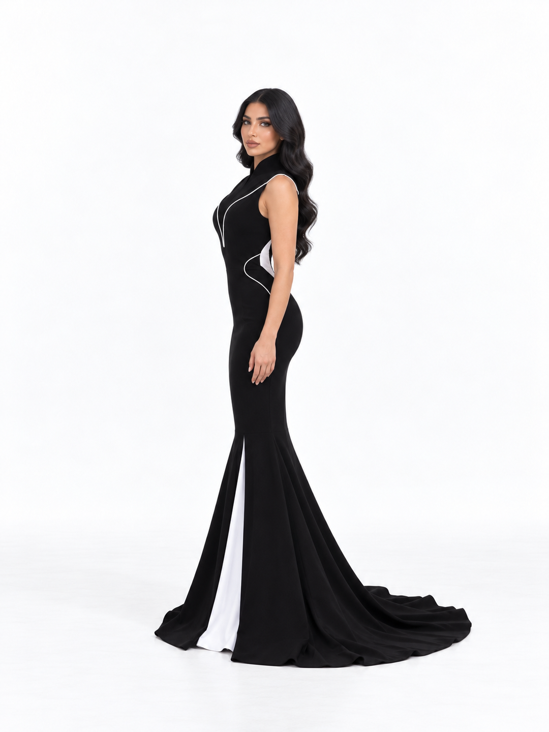 Contrast Piping Mermaid Gown - Onyx