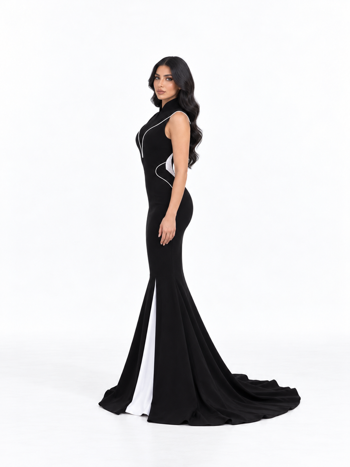 Contrast Piping Mermaid Gown - Onyx