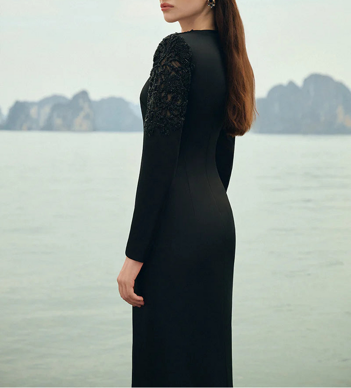 embellished shoulder gown with plunging neckline – NOCTURNE