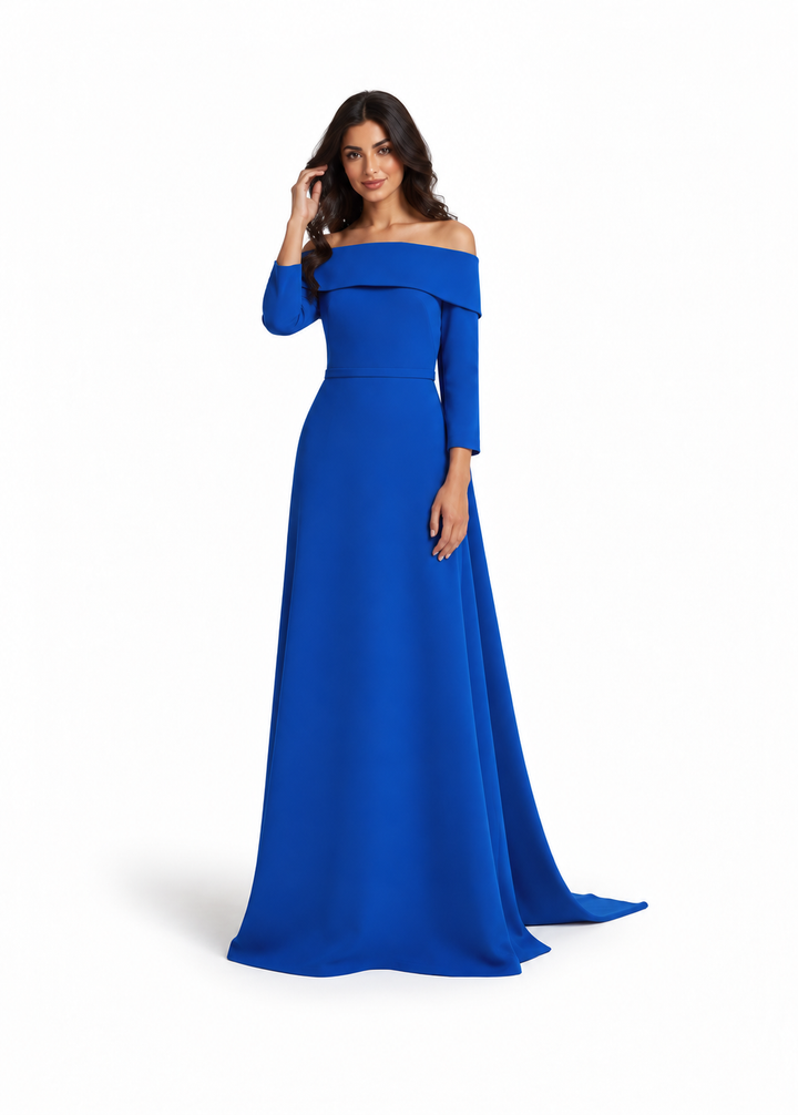 Royal Blue Off-Shoulder Long Sleeve Maxi Dress - Celeste