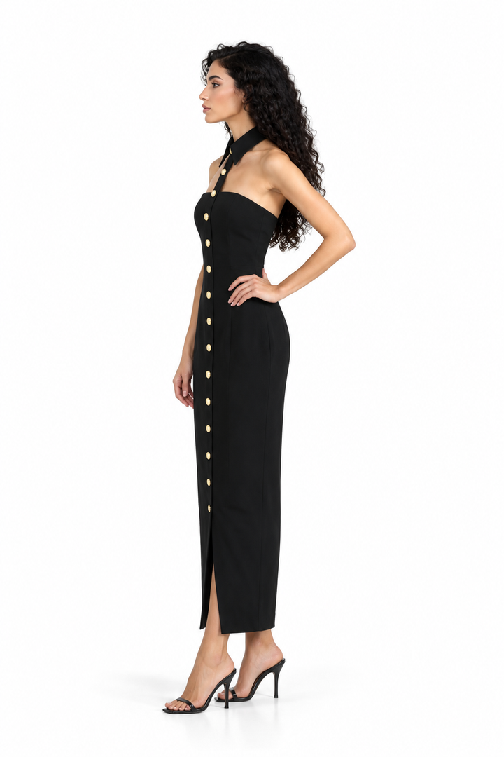 Button-Front Halter Midi Dress - Iconique