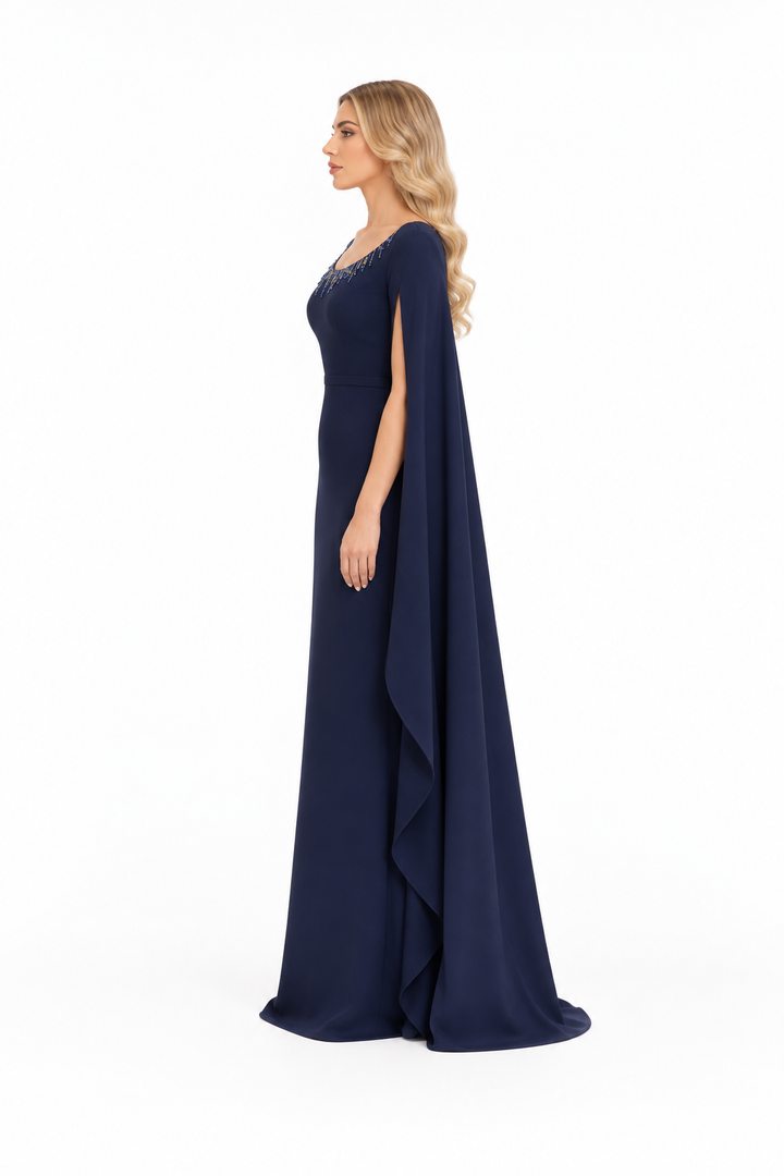 Embellished Scoop Neck Cape Evening Gown - Noctelune