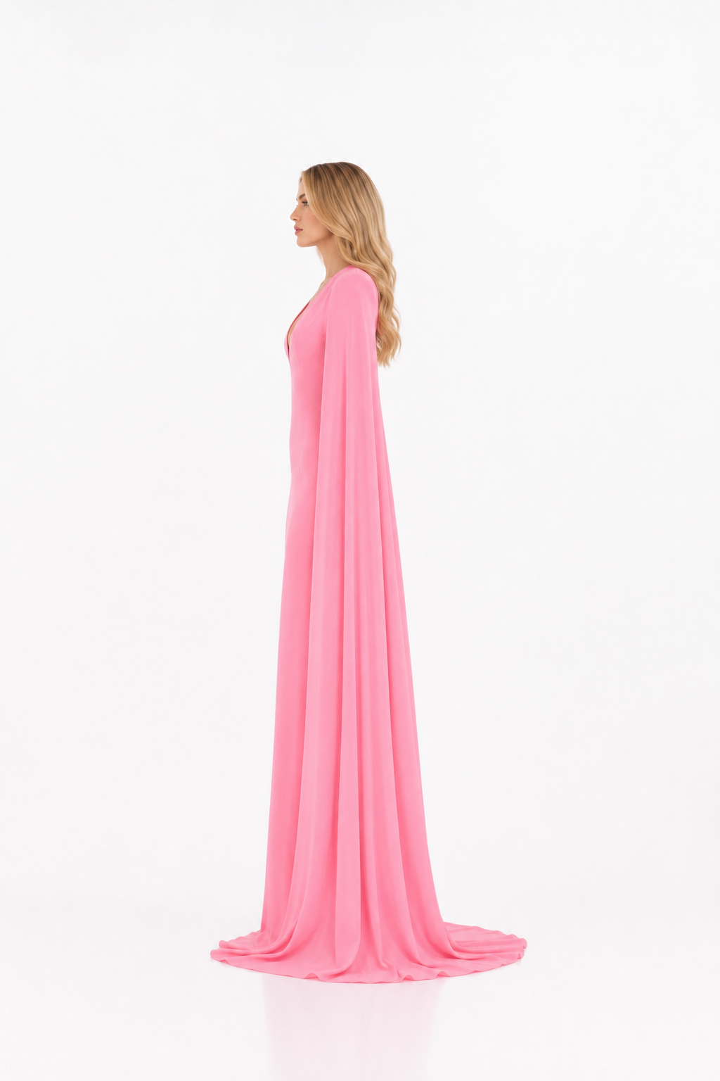 Pink Deep V-Neck Cape Evening Gown – ROSELINE