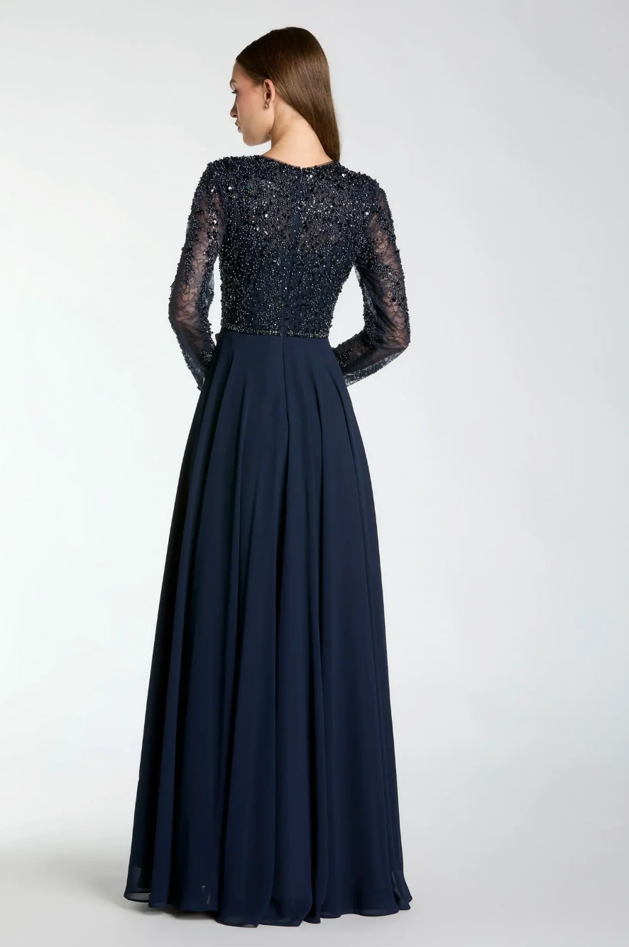 Embellished Sheer Sleeve Maxi Dress - Celestia