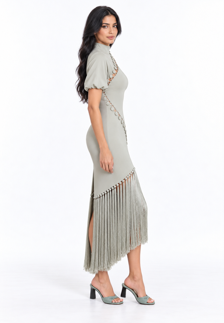 Fringe Detail High Neck Midi Dress – Elvaris