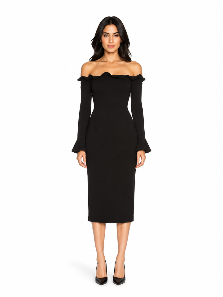Black Off-Shoulder Ruffle Midi Dress – Noiré