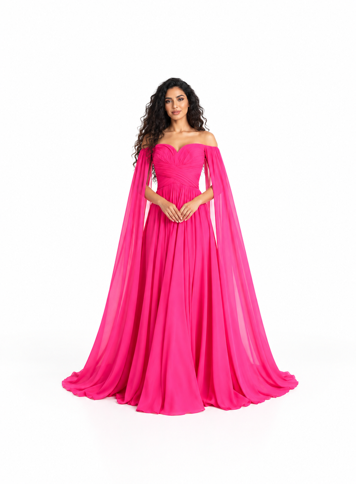 Ruched Sweetheart Cape Evening Gown - Aurelia