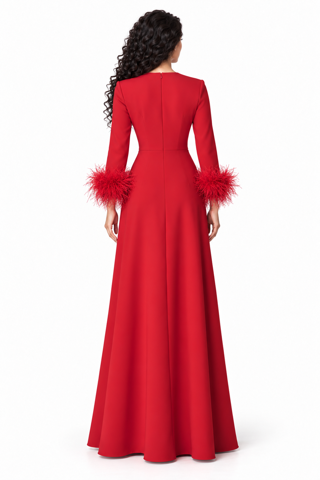 Feather Cuff Long Sleeve Evening Gown - Prestige