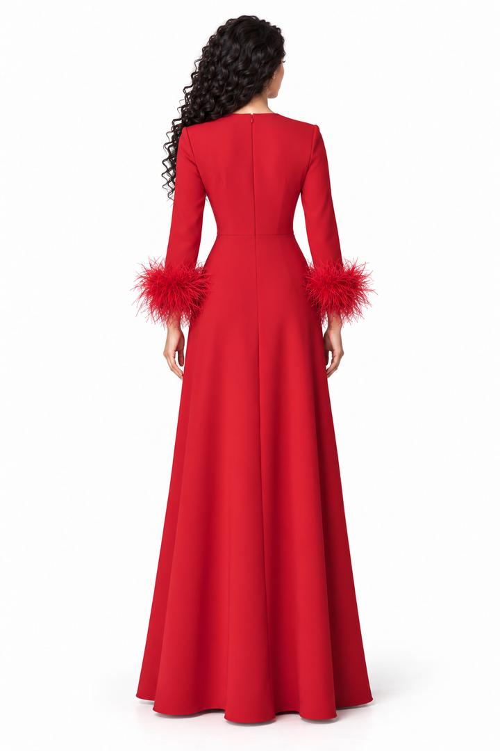 Feather Cuff Long Sleeve Evening Gown - Prestige
