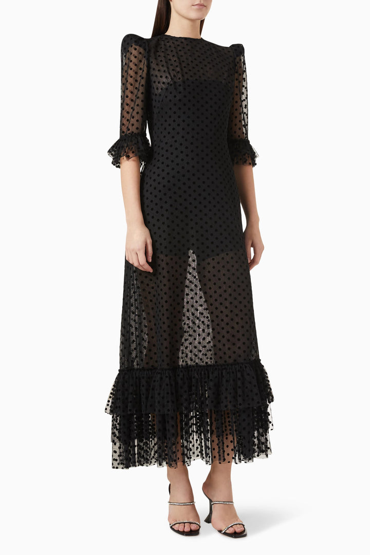 sheer polka-dot midi dress with ruffled hem – VIVIENNE
