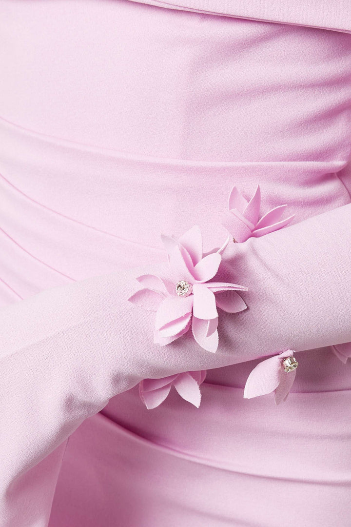 off-shoulder gown with floral appliqué sleeves – BLOSSOM