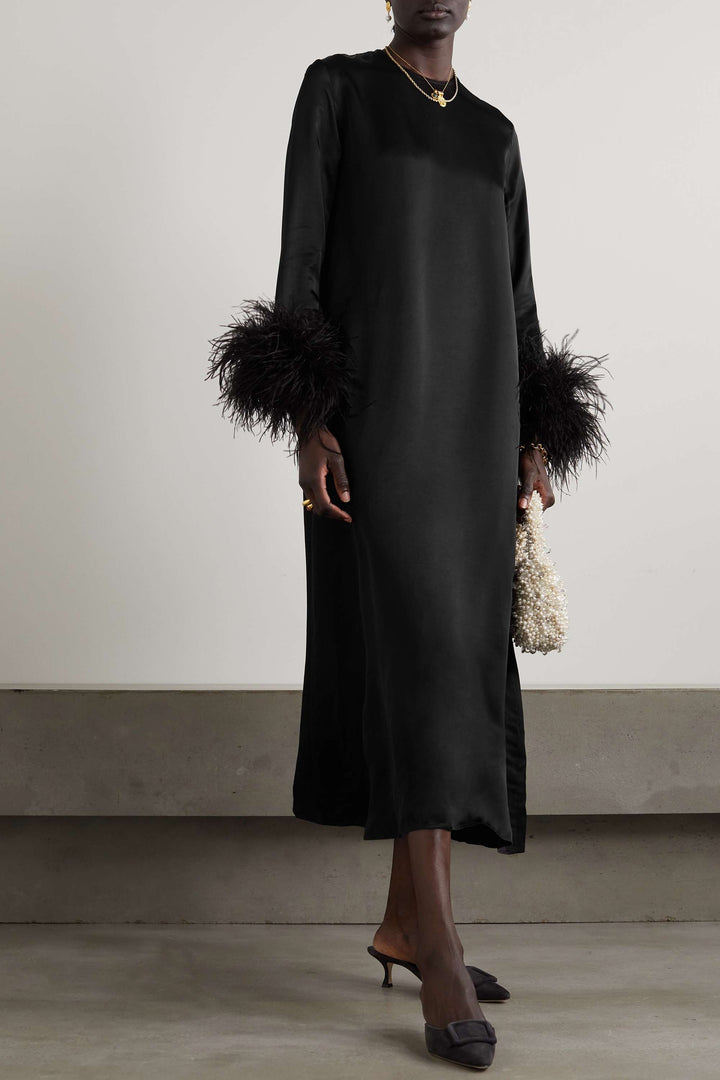 satin midi dress with feather cuffs – NOIR PLUME