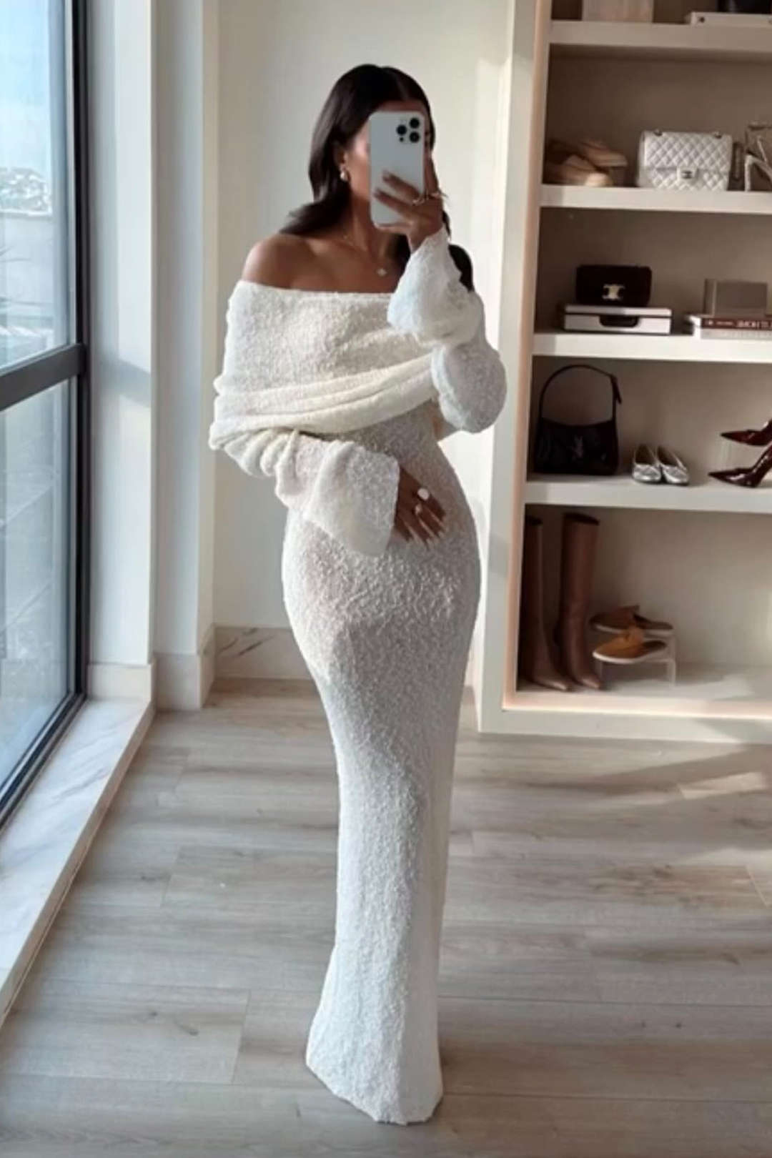 Off Shoulder Open Knit Maxi Dress –