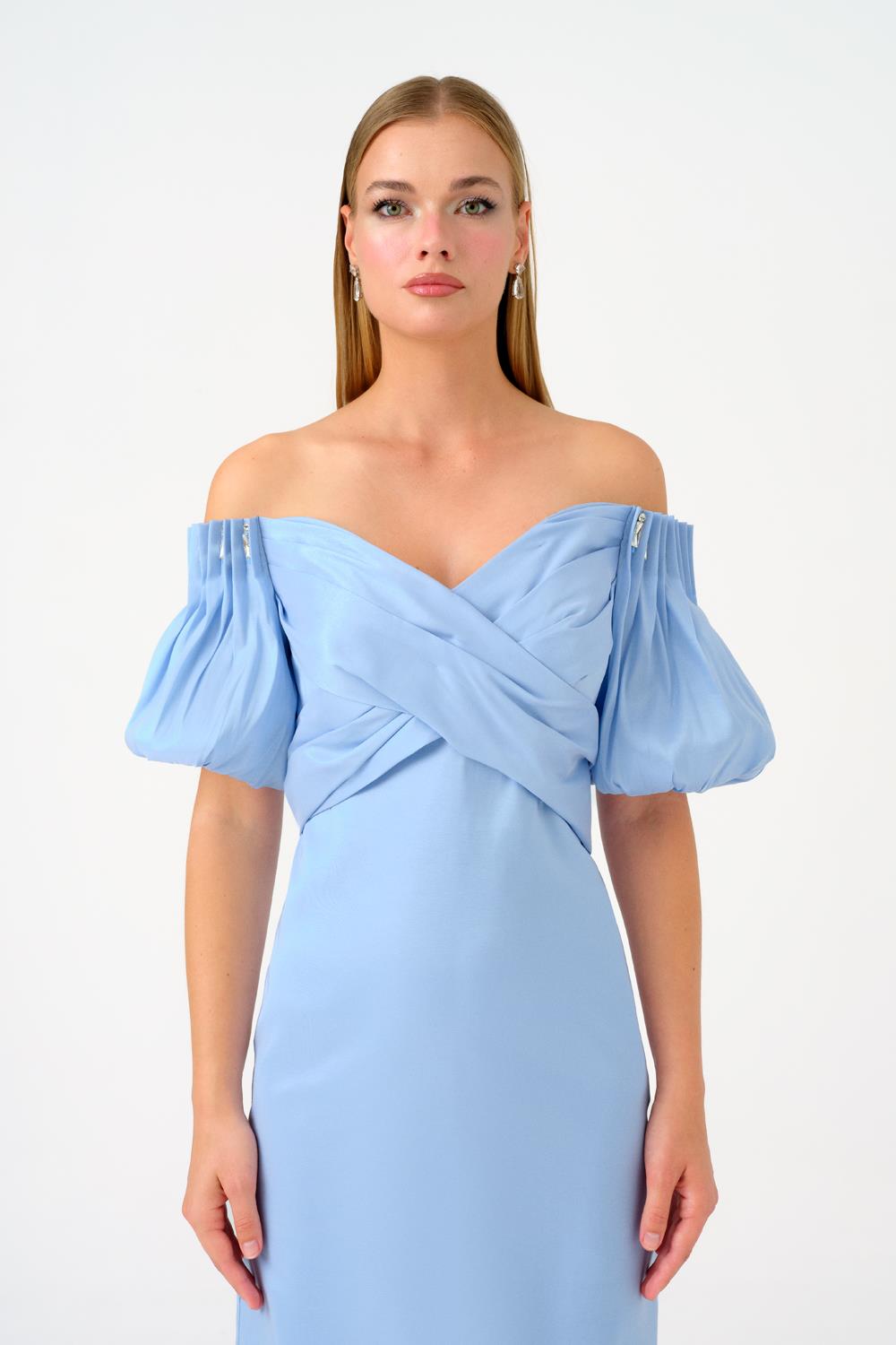 off-shoulder satin gown with puff sleeves – AURELIA