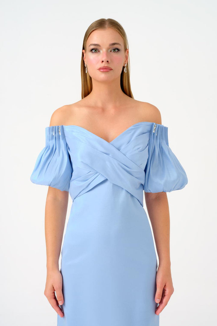 off-shoulder satin gown with puff sleeves – AURELIA