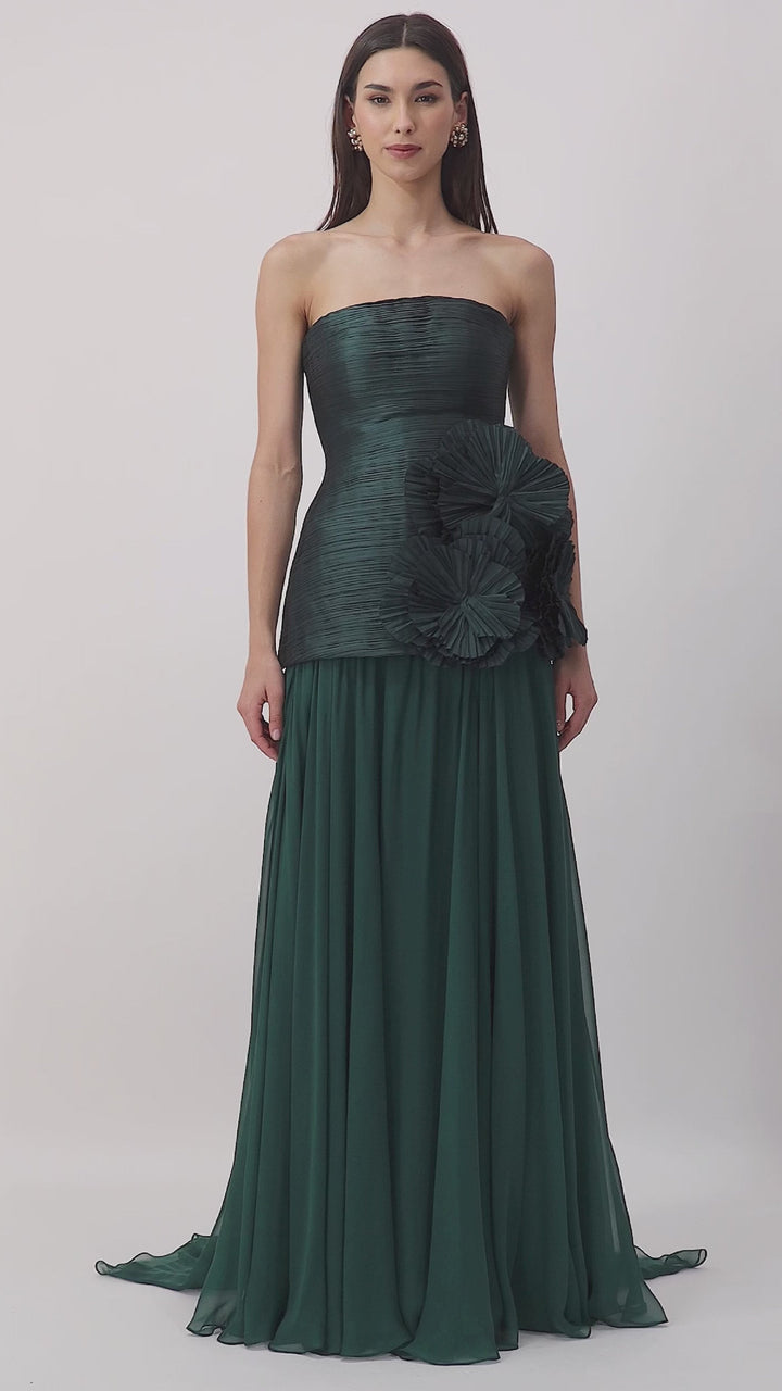 strapless pleated gown with oversized floral appliqués – EMERALD