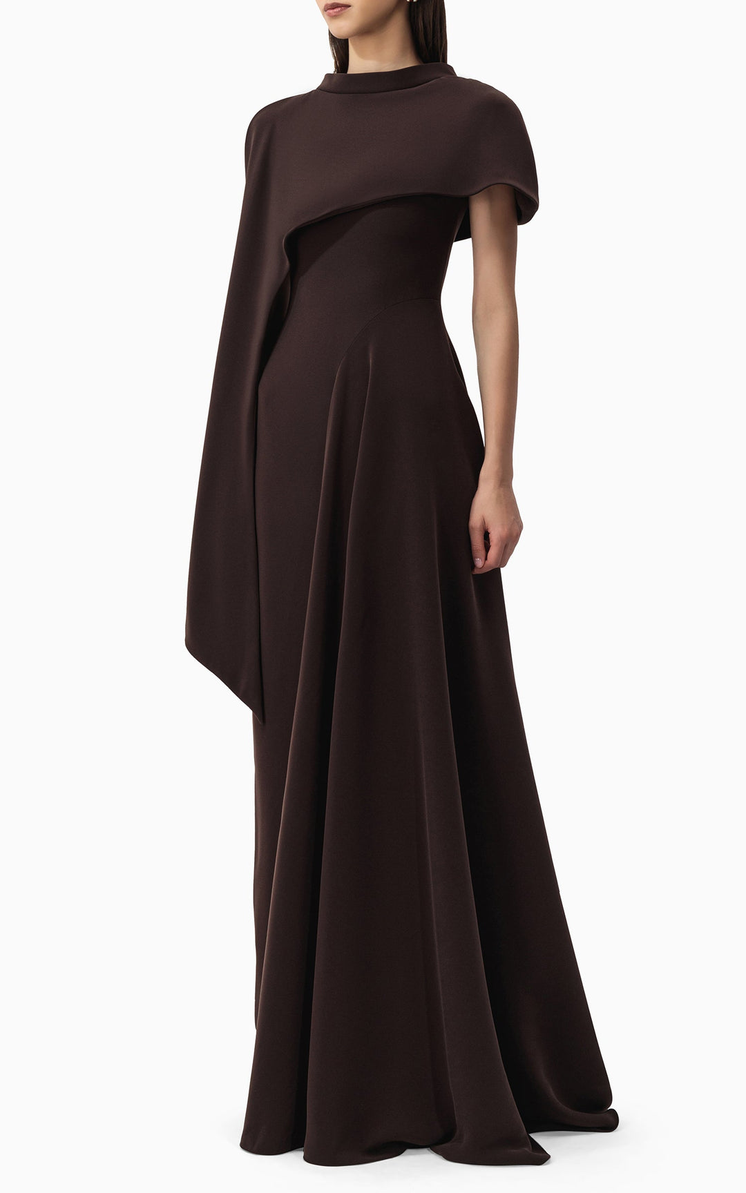 asymmetric draped gown with sculpted shoulder cape – NOIR