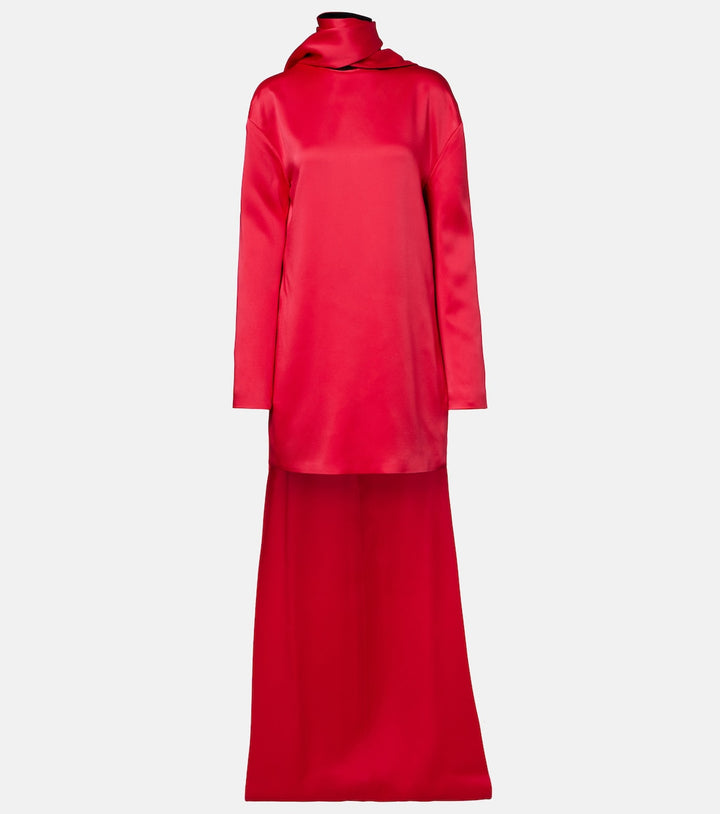 High-neck satin mini dress with dramatic back train – RUBY