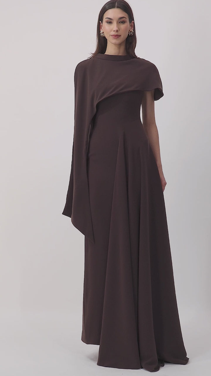 asymmetric draped gown with sculpted shoulder cape – NOIR