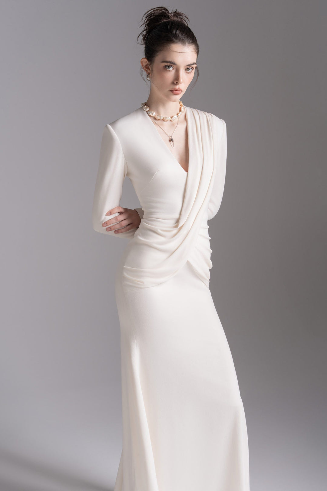 Draped V-neck long-sleeve gown – LAVENYA